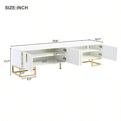 ON - TREND Modern TV Stand with Metal and Gold Handles TVs Up to 80 Media Console Table with Cabinets and Adjustable Shelves, Luxury TV Cabinet with Geometric Lines Living Room, White