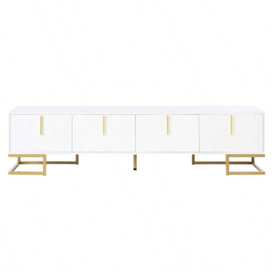 ON - TREND Modern TV Stand with Metal and Gold Handles TVs Up to 80 Media Console Table with Cabinets and Adjustable Shelves, Luxury TV Cabinet with Geometric Lines Living Room, White
