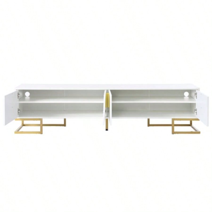 ON - TREND Modern TV Stand with Metal and Gold Handles TVs Up to 80 Media Console Table with Cabinets and Adjustable Shelves, Luxury TV Cabinet with Geometric Lines Living Room, White