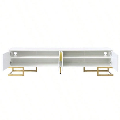 ON - TREND Modern TV Stand with Metal and Gold Handles TVs Up to 80 Media Console Table with Cabinets and Adjustable Shelves, Luxury TV Cabinet with Geometric Lines Living Room, White