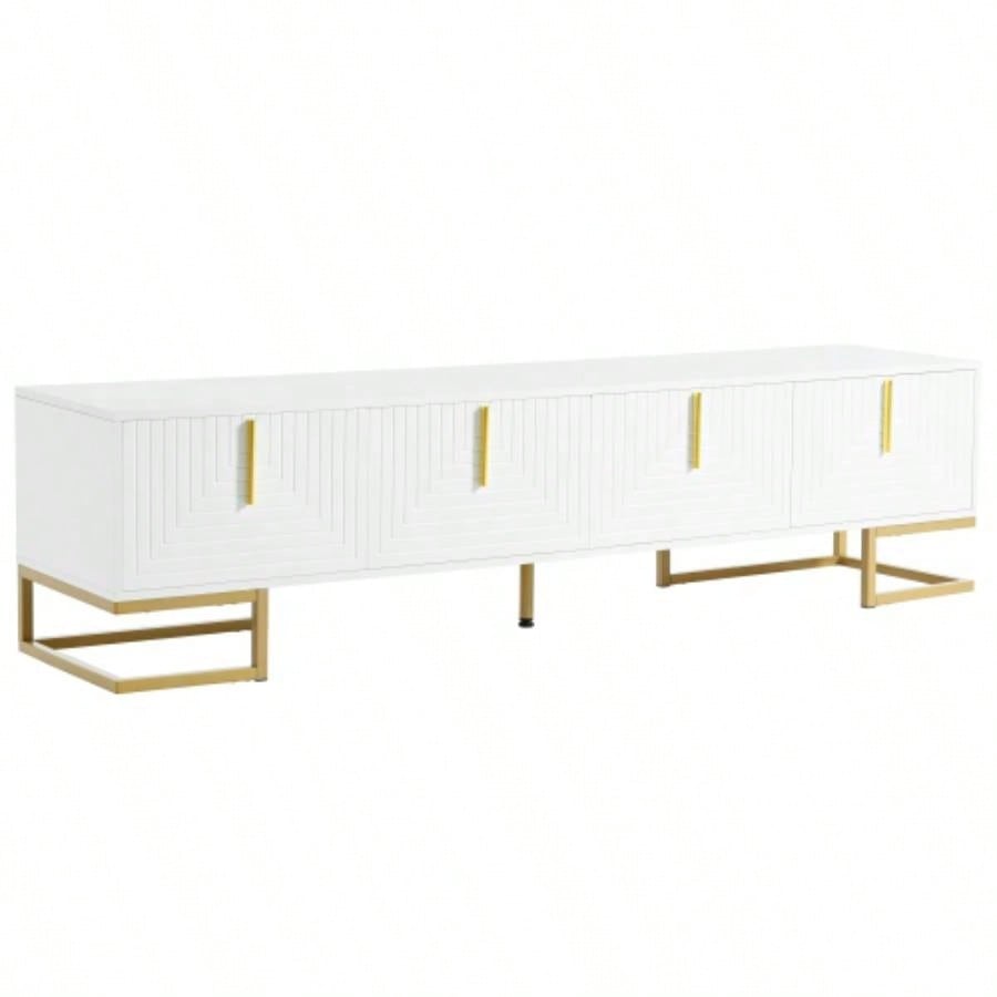 ON - TREND Modern TV Stand with Metal and Gold Handles TVs Up to 80 Media Console Table with Cabinets and Adjustable Shelves, Luxury TV Cabinet with Geometric Lines Living Room, White