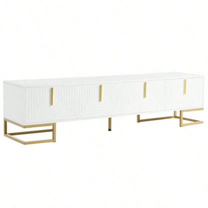 ON - TREND Modern TV Stand with Metal and Gold Handles TVs Up to 80 Media Console Table with Cabinets and Adjustable Shelves, Luxury TV Cabinet with Geometric Lines Living Room, White