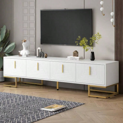 ON - TREND Modern TV Stand with Metal and Gold Handles TVs Up to 80 Media Console Table with Cabinets and Adjustable Shelves, Luxury TV Cabinet with Geometric Lines Living Room, White