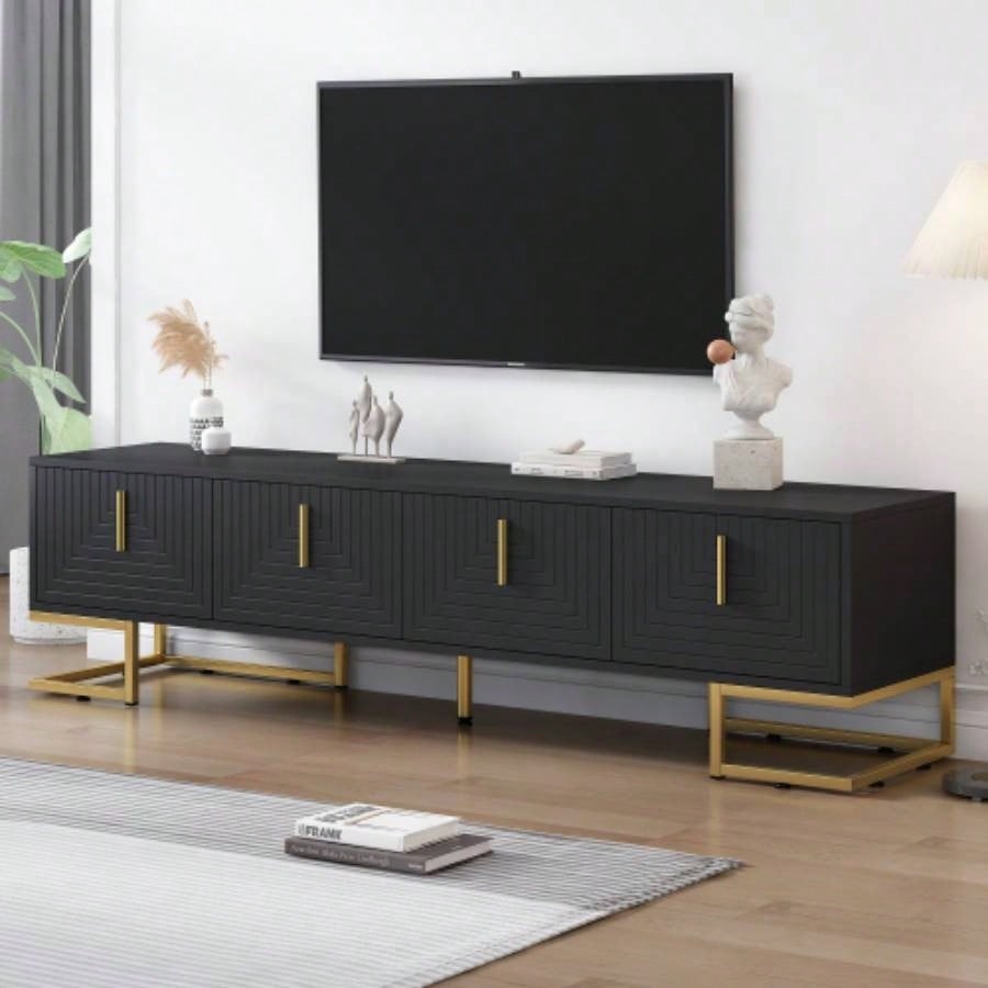 ON - TREND Modern TV Stand with Metal and Gold Handles TVs Up to 80 Media Console Table with Cabinets and Adjustable Shelves, Luxury TV Cabinet with Geometric Lines Living Room, White