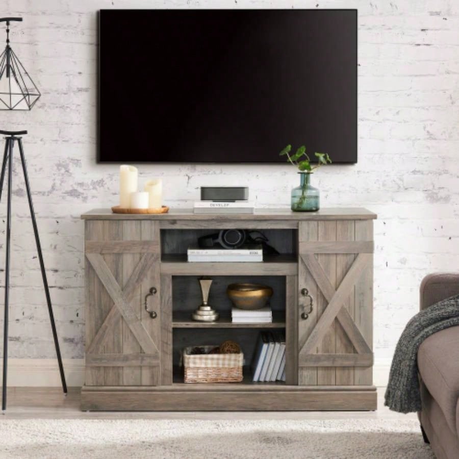 American retro TV Stand Farmhouse Classic Media TV Stand Antique Entertainment TV up to 50 with Open and Closed Storage Space, Gray Wash, 4715.5D*30.75H