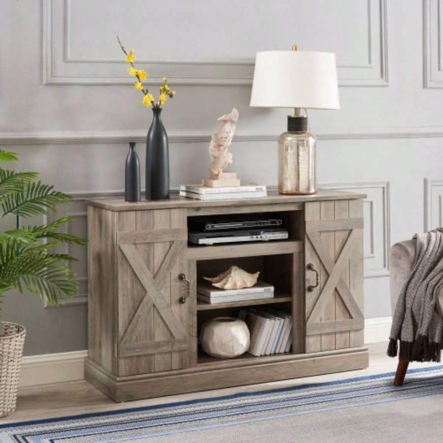 American retro TV Stand Farmhouse Classic Media TV Stand Antique Entertainment TV up to 50 with Open and Closed Storage Space, Gray Wash, 4715.5D*30.75H