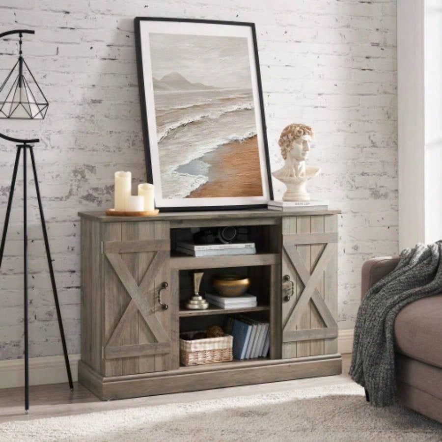 American retro TV Stand Farmhouse Classic Media TV Stand Antique Entertainment TV up to 50 with Open and Closed Storage Space, Gray Wash, 4715.5D*30.75H