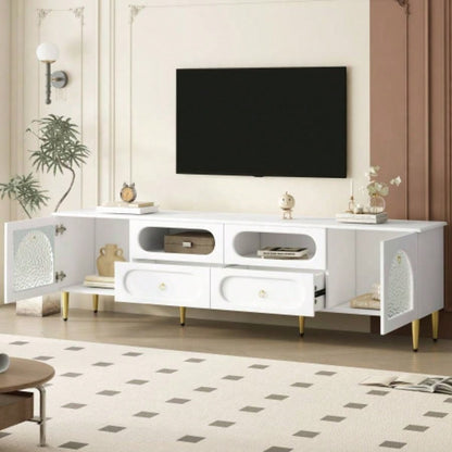 U - Can 78.8 Retro TV Stand, Entertainment Center Media Console Cabinet with Six Metal, 2 Cabinets, 4 Drawers and Anti - tip Device Living room, Up to 85