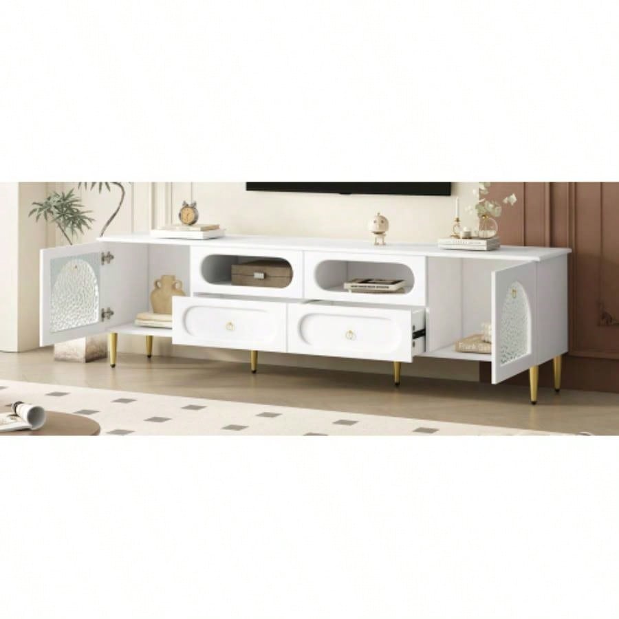 U - Can 78.8 Retro TV Stand, Entertainment Center Media Console Cabinet with Six Metal, 2 Cabinets, 4 Drawers and Anti - tip Device Living room, Up to 85