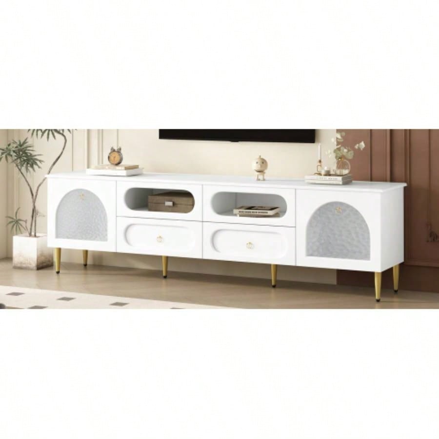 U - Can 78.8 Retro TV Stand, Entertainment Center Media Console Cabinet with Six Metal, 2 Cabinets, 4 Drawers and Anti - tip Device Living room, Up to 85