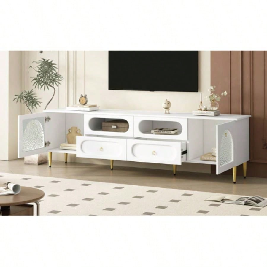 U - Can 78.8 Retro TV Stand, Entertainment Center Media Console Cabinet with Six Metal, 2 Cabinets, 4 Drawers and Anti - tip Device Living room, Up to 85