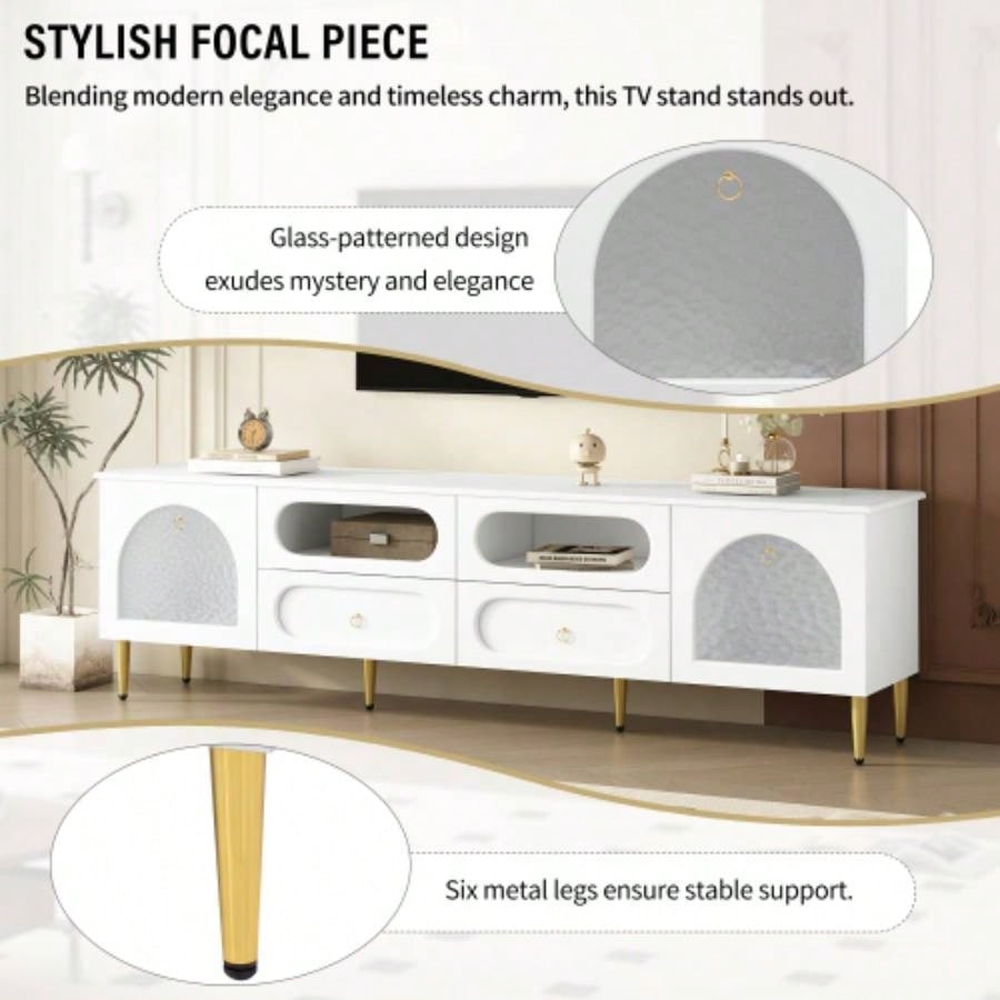 U - Can 78.8 Retro TV Stand, Entertainment Center Media Console Cabinet with Six Metal, 2 Cabinets, 4 Drawers and Anti - tip Device Living room, Up to 85