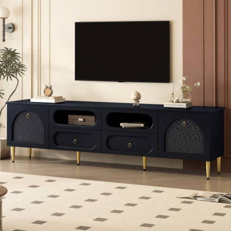 U - Can 78.8 Retro TV Stand, Entertainment Center Media Console Cabinet with Six Metal, 2 Cabinets, 4 Drawers and Anti - tip Device Living room, Up to 85