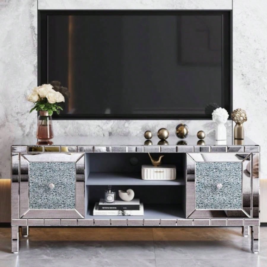60 Mirrored TV Stand with Crushed Glass Doors - Modern Media Entertainment Center Living Room, Adjustable Storage TV Console Table 65 - Inch TV