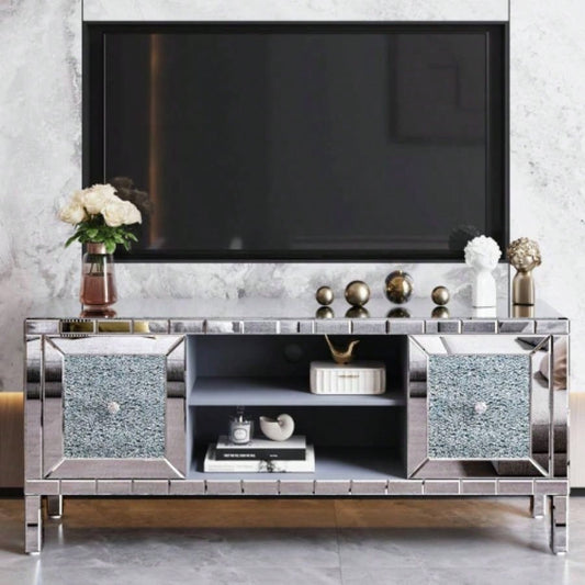 60 Mirrored TV Stand with Crushed Glass Doors - Modern Media Entertainment Center Living Room, Adjustable Storage TV Console Table 65 - Inch TV