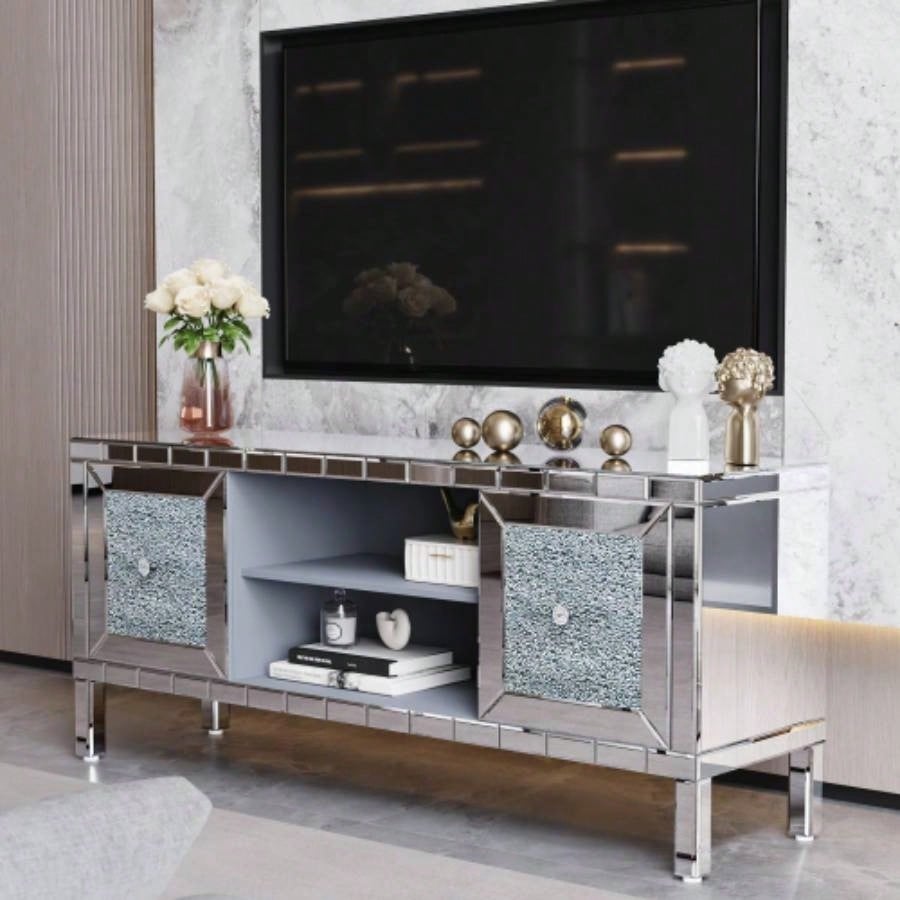 60 Mirrored TV Stand with Crushed Glass Doors - Modern Media Entertainment Center Living Room, Adjustable Storage TV Console Table 65 - Inch TV