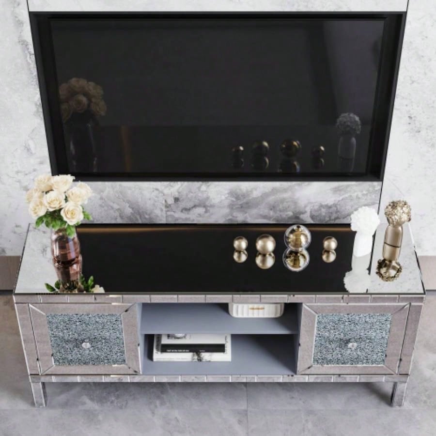 60 Mirrored TV Stand with Crushed Glass Doors - Modern Media Entertainment Center Living Room, Adjustable Storage TV Console Table 65 - Inch TV