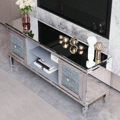60 Mirrored TV Stand with Crushed Glass Doors - Modern Media Entertainment Center Living Room, Adjustable Storage TV Console Table 65 - Inch TV