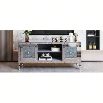 60 Mirrored TV Stand with Crushed Glass Doors - Modern Media Entertainment Center Living Room, Adjustable Storage TV Console Table 65 - Inch TV