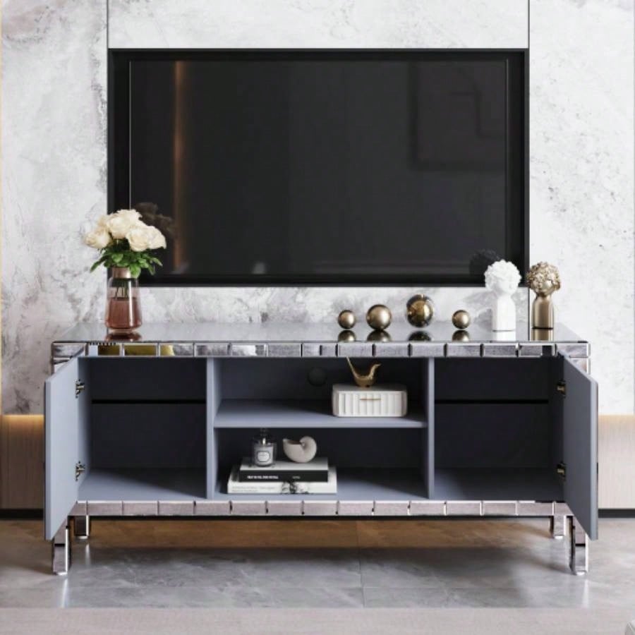 60 Mirrored TV Stand with Crushed Glass Doors - Modern Media Entertainment Center Living Room, Adjustable Storage TV Console Table 65 - Inch TV