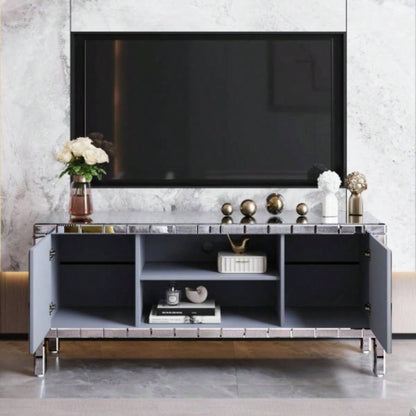 60 Mirrored TV Stand with Crushed Glass Doors - Modern Media Entertainment Center Living Room, Adjustable Storage TV Console Table 65 - Inch TV