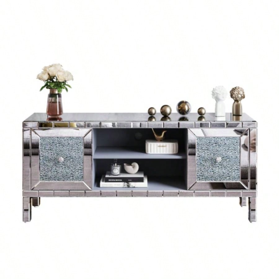 60 Mirrored TV Stand with Crushed Glass Doors - Modern Media Entertainment Center Living Room, Adjustable Storage TV Console Table 65 - Inch TV