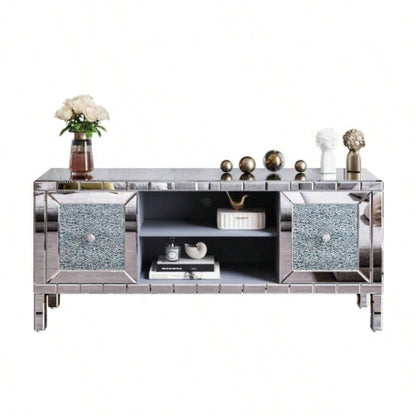 60 Mirrored TV Stand with Crushed Glass Doors - Modern Media Entertainment Center Living Room, Adjustable Storage TV Console Table 65 - Inch TV