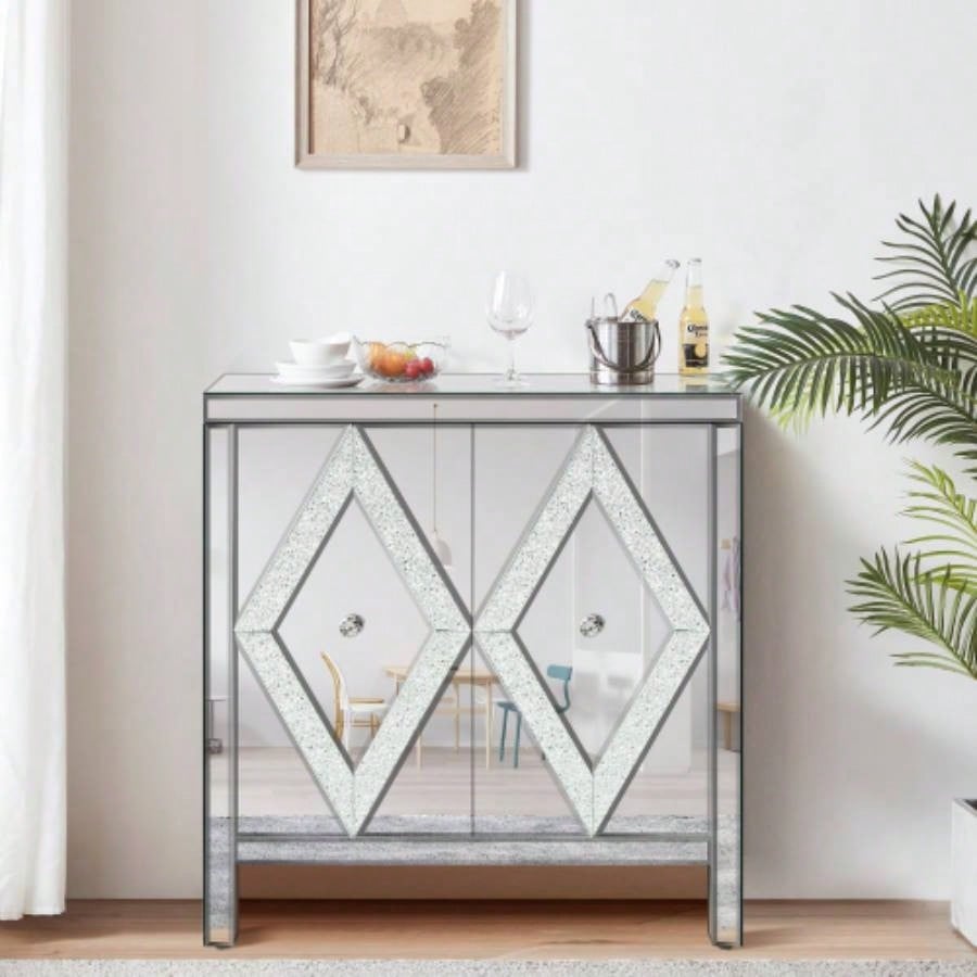 60 Mirrored TV Stand with Crushed Glass Doors - Modern Media Entertainment Center Living Room, Adjustable Storage TV Console Table 65 - Inch TV