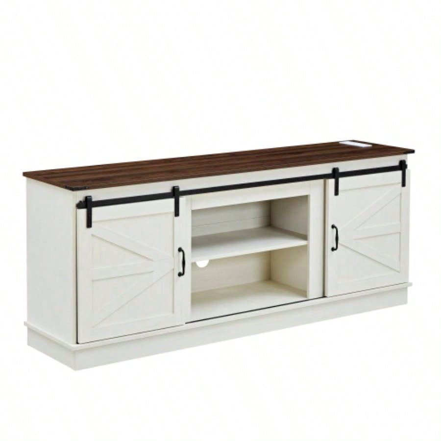 Farmhouse TV stand 65/70/75 - inch TVs with outlets, featuring a modern entertainment center design with a sliding barn door
