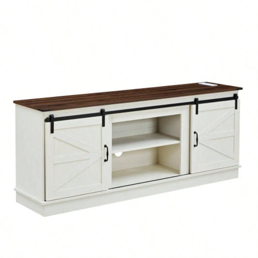 Farmhouse TV stand 65/70/75 - inch TVs with outlets, featuring a modern entertainment center design with a sliding barn door