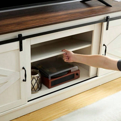 Farmhouse TV stand 65/70/75 - inch TVs with outlets, featuring a modern entertainment center design with a sliding barn door