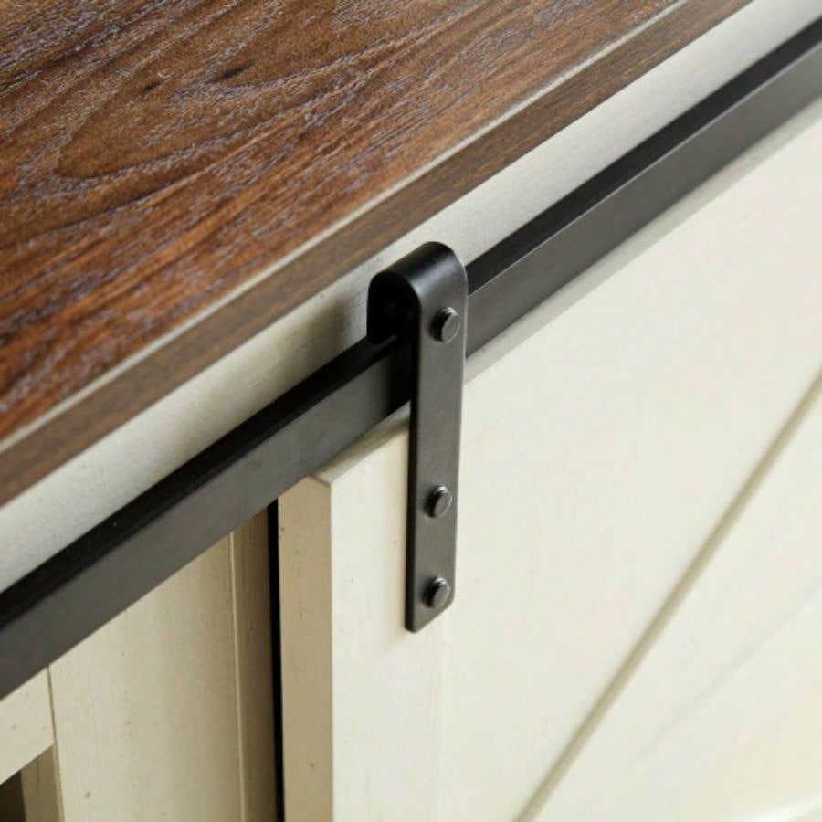 Farmhouse TV stand 65/70/75 - inch TVs with outlets, featuring a modern entertainment center design with a sliding barn door