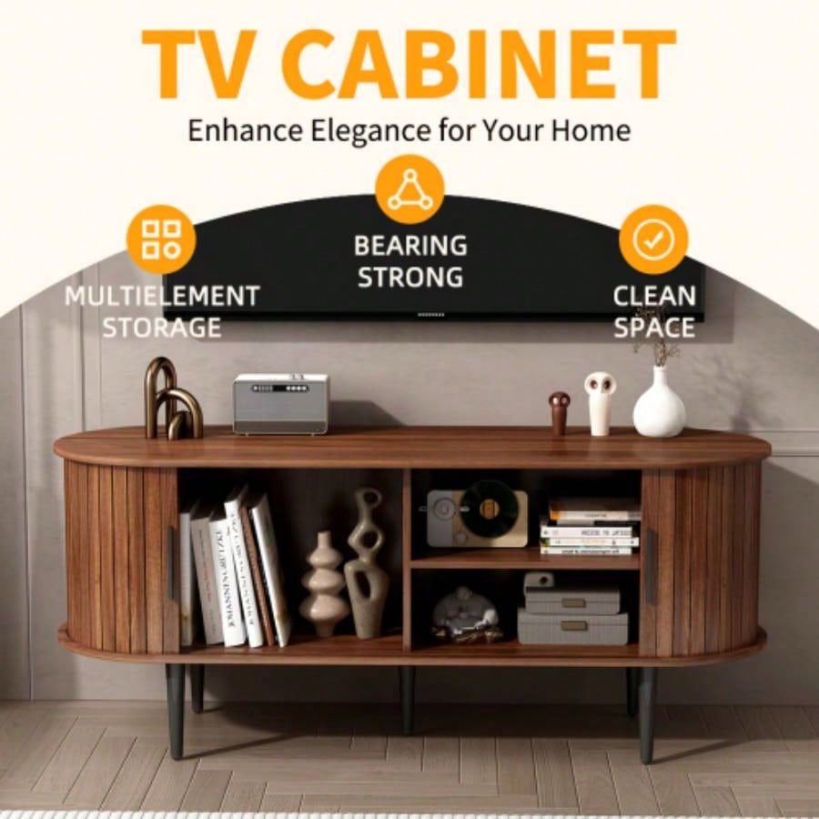 TV Stand, 47 Modern TV Console Table with Storage Compartment and Sliding Door, Gaming Entertainment Center with Cabinet Living Room, Bedroom, Office Walnut BACK - TO - SCHOOL