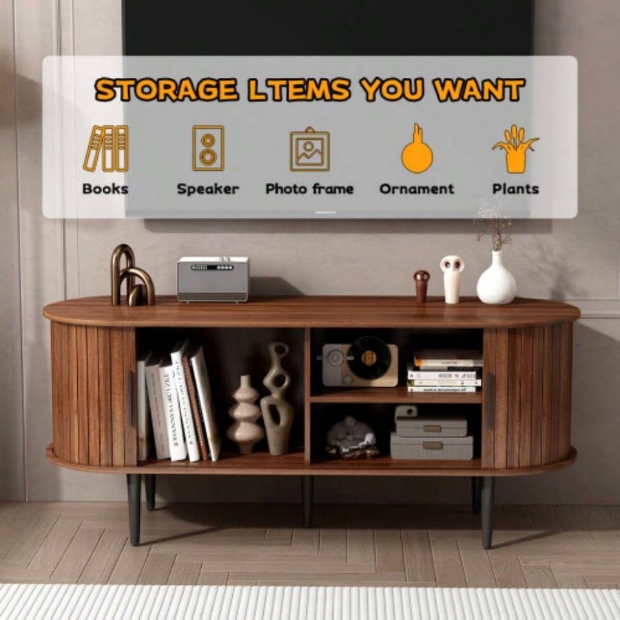 TV Stand, 47 Modern TV Console Table with Storage Compartment and Sliding Door, Gaming Entertainment Center with Cabinet Living Room, Bedroom, Office Walnut BACK - TO - SCHOOL