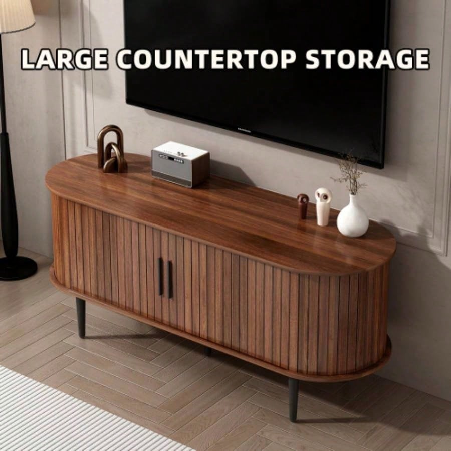 TV Stand, 47 Modern TV Console Table with Storage Compartment and Sliding Door, Gaming Entertainment Center with Cabinet Living Room, Bedroom, Office Walnut BACK - TO - SCHOOL