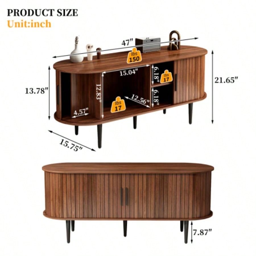 TV Stand, 47 Modern TV Console Table with Storage Compartment and Sliding Door, Gaming Entertainment Center with Cabinet Living Room, Bedroom, Office Walnut BACK - TO - SCHOOL