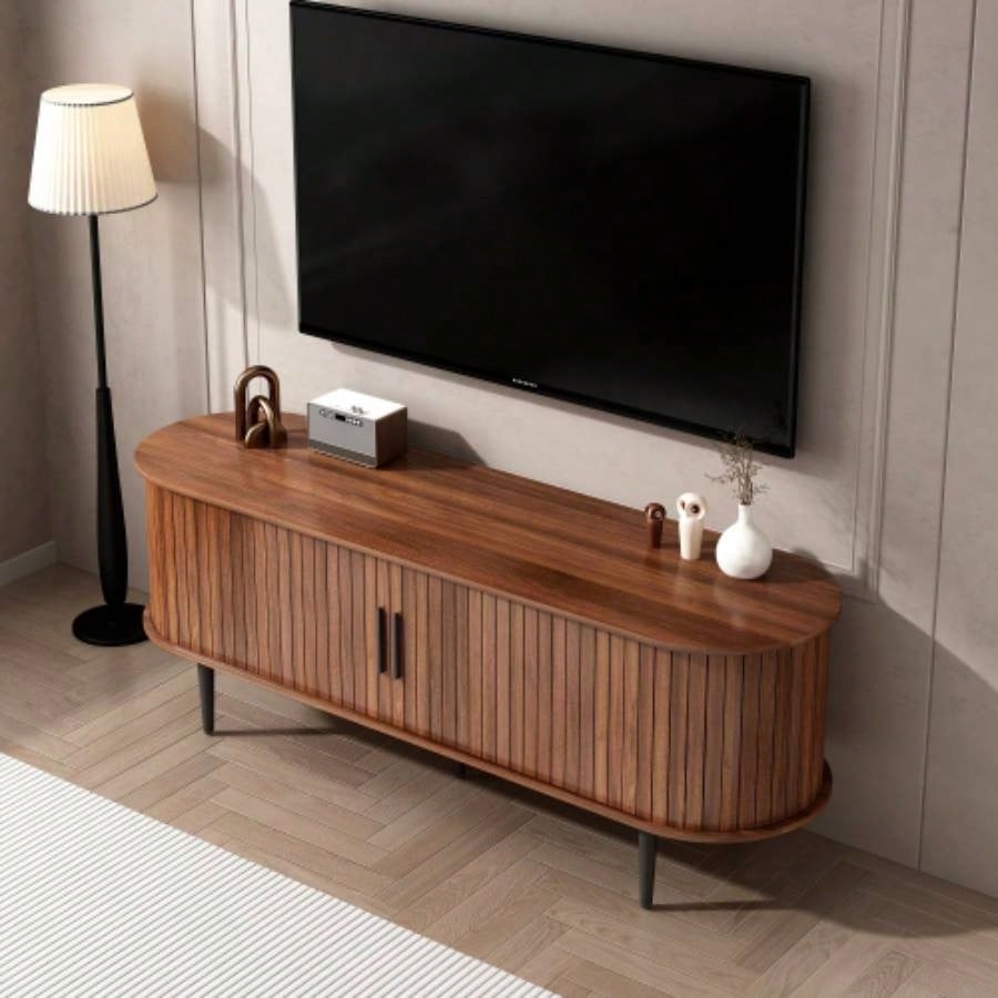 TV Stand, 47 Modern TV Console Table with Storage Compartment and Sliding Door, Gaming Entertainment Center with Cabinet Living Room, Bedroom, Office Walnut BACK - TO - SCHOOL
