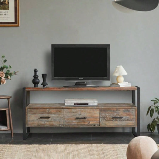 60 inch Reclaimed wood Media TV Console table with 3 Drarwer, Open Shelf, Antique
