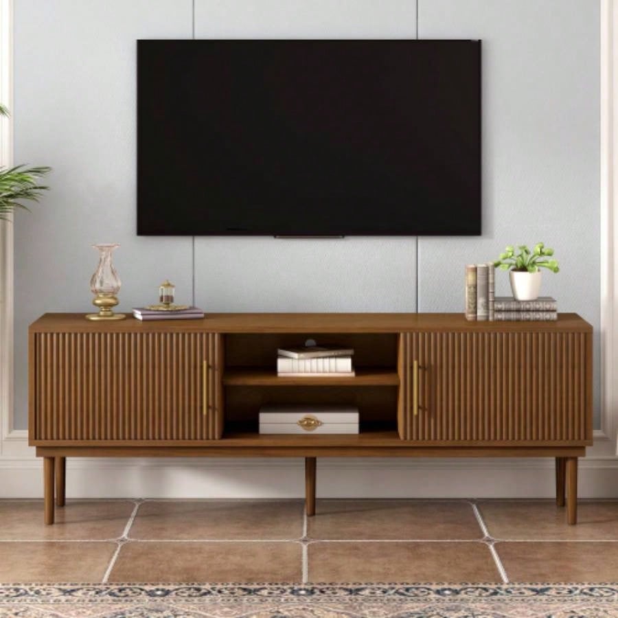 Mirod Stylish TV Stand with Vertical Striped Doors, Space - Saving Sliding Door Design, Sturdy Solid Wood, Versatile as TV Console or Side Cabinet