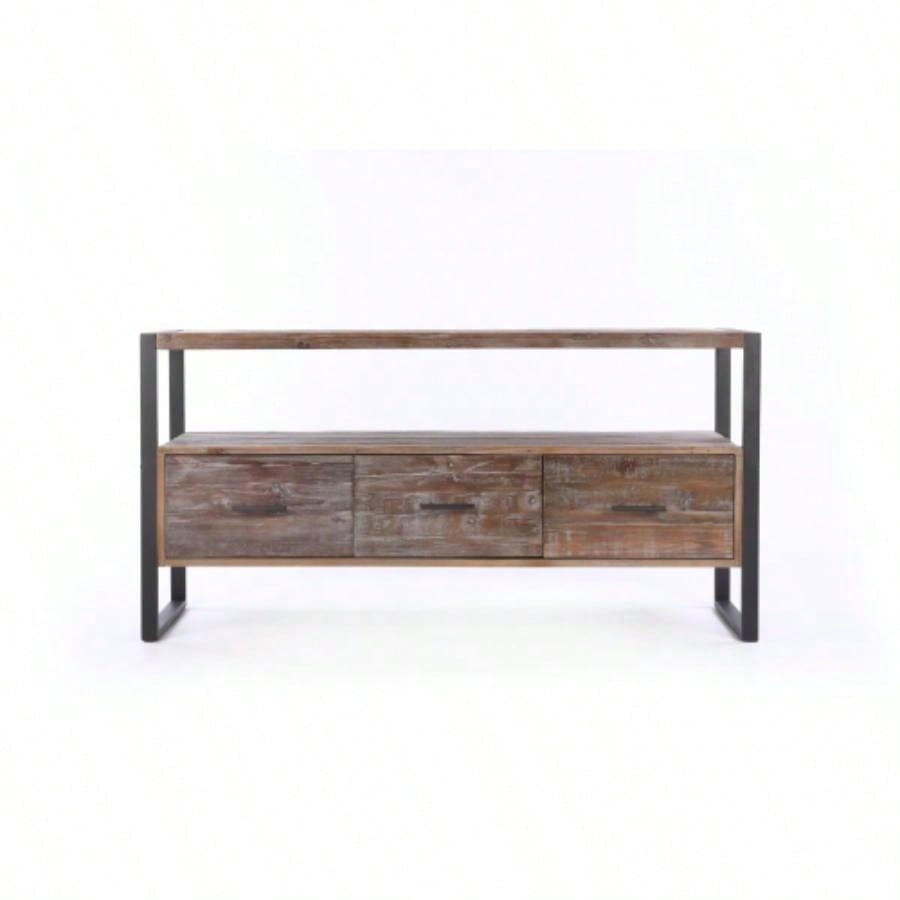 60 inch Reclaimed wood Media TV Console table with 3 Drarwer, Open Shelf, Antique