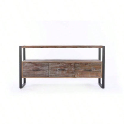 60 inch Reclaimed wood Media TV Console table with 3 Drarwer, Open Shelf, Antique
