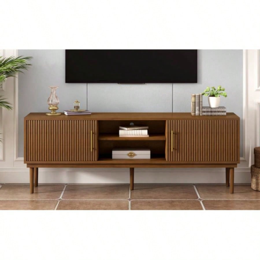 Mirod Stylish TV Stand with Vertical Striped Doors, Space - Saving Sliding Door Design, Sturdy Solid Wood, Versatile as TV Console or Side Cabinet
