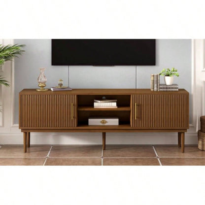 Mirod Stylish TV Stand with Vertical Striped Doors, Space - Saving Sliding Door Design, Sturdy Solid Wood, Versatile as TV Console or Side Cabinet