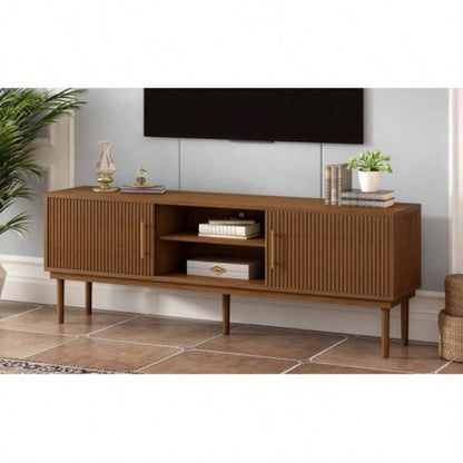 Mirod Stylish TV Stand with Vertical Striped Doors, Space - Saving Sliding Door Design, Sturdy Solid Wood, Versatile as TV Console or Side Cabinet