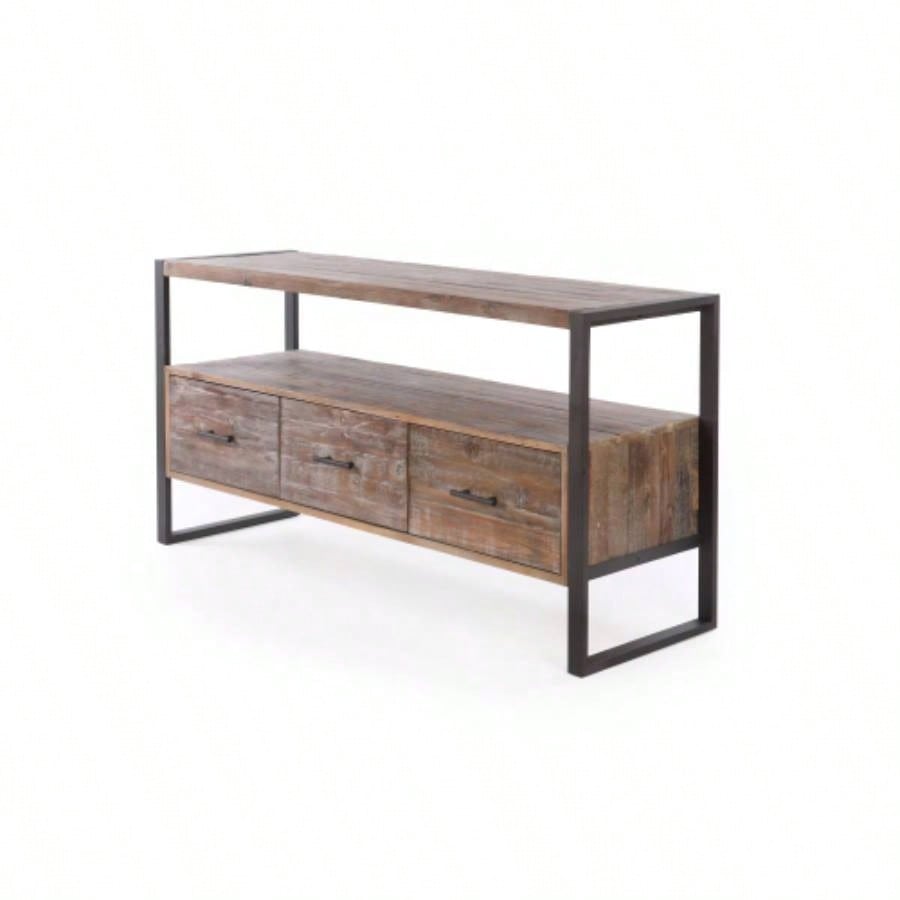 60 inch Reclaimed wood Media TV Console table with 3 Drarwer, Open Shelf, Antique