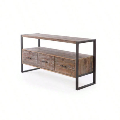 60 inch Reclaimed wood Media TV Console table with 3 Drarwer, Open Shelf, Antique