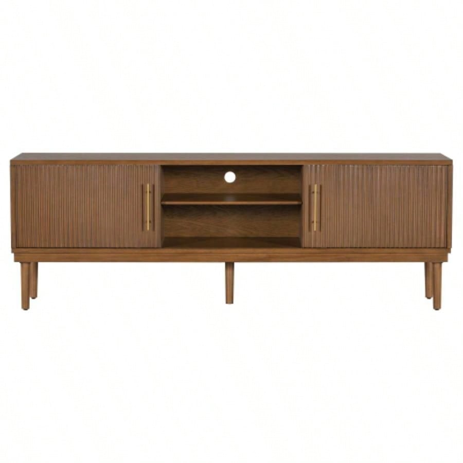 Mirod Stylish TV Stand with Vertical Striped Doors, Space - Saving Sliding Door Design, Sturdy Solid Wood, Versatile as TV Console or Side Cabinet