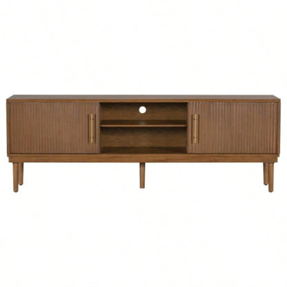 Mirod Stylish TV Stand with Vertical Striped Doors, Space - Saving Sliding Door Design, Sturdy Solid Wood, Versatile as TV Console or Side Cabinet