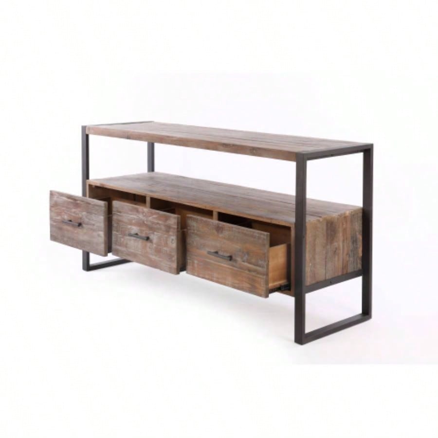 60 inch Reclaimed wood Media TV Console table with 3 Drarwer, Open Shelf, Antique