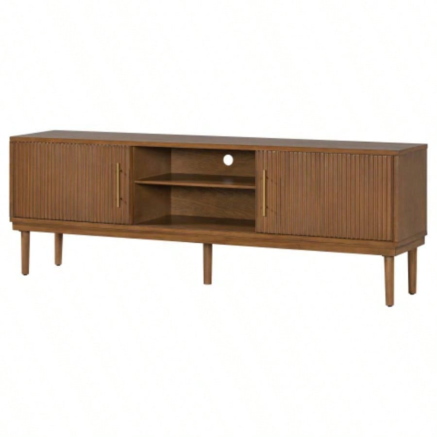 Mirod Stylish TV Stand with Vertical Striped Doors, Space - Saving Sliding Door Design, Sturdy Solid Wood, Versatile as TV Console or Side Cabinet